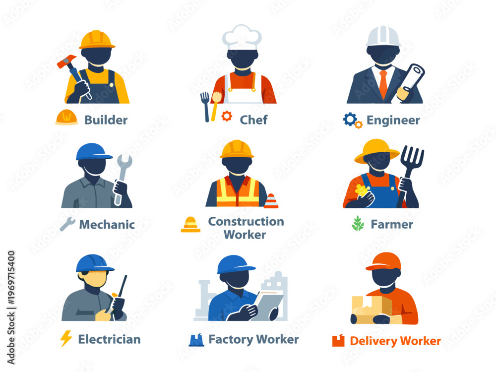 Fototapeta premium Icons of Craft and Labor: A vibrant assortment of icons represents various professions, showcasing the diversity of skilled trades and essential workers in the community.