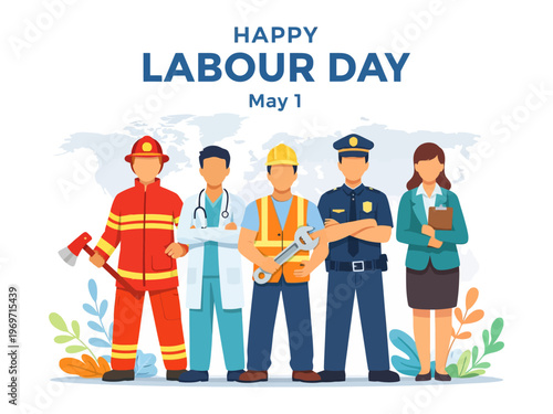 Labor Day Salute: A vibrant illustration honoring various professions, including firefighters, doctors, construction workers, police officers, and office workers.