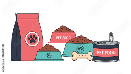 Assortment of pet food products including bagged kibble, canned wet food, bowls, and a bone-shaped dog treat for nutrition.