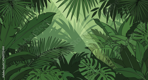 Tropical Jungle Foliage Background with Lush Green Palm Leaves and Exotic Plants
