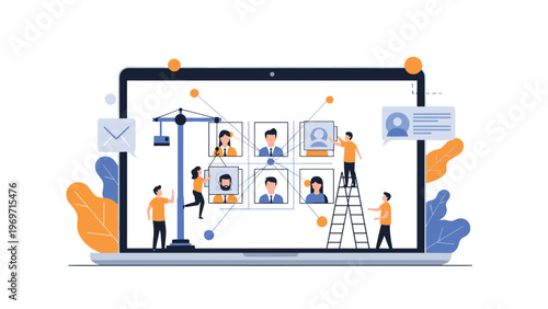 Conceptual illustration of human resources recruitment process showing people working on employee profiles on a large laptop screen with a crane.