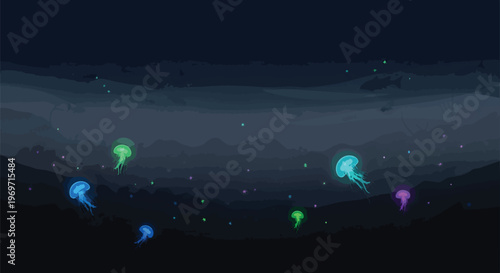 Abstract Underwater Scene with Glowing Neon Jellyfish in Deep Ocean