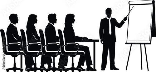 Business presentation silhouettes speaker explaining chart audience meeting training seminar black white vector illustration corporate education concept design artwork