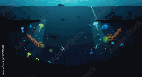 Deep Sea Underwater Illustration with Bioluminescent Squid and Jellyfish