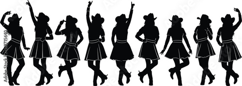 Cowgirl silhouettes dancing set western female poses hat boots black white vector illustration country music style design artwork