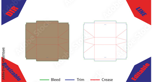 Orange and white packaging mockup with bleed trim and crease lines