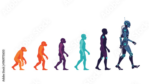 Conceptual illustration showing the evolution of man from a primate to a modern human and finally to a high-tech robotic humanoid.