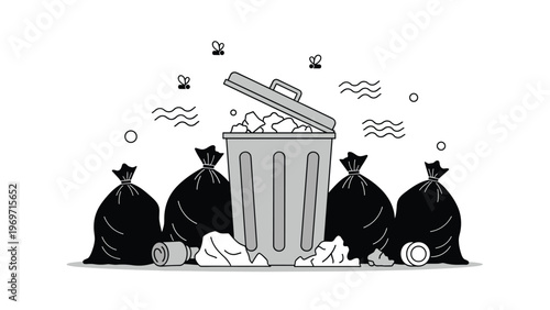 Overfull metal trash bin surrounded by black garbage bags and loose litter with flies buzzing around representing pollution and waste.
