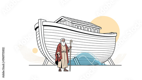Biblical illustration of Noah standing with a wooden staff in front of his massive wooden ark under a large yellow sun.