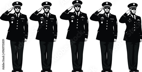 Military officer salute illustration set uniformed soldiers standing formal gesture black white vector authoritative defense service personnel design artwork