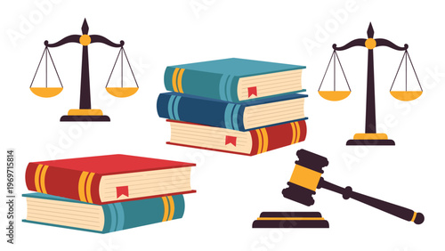 Collection of law related objects including a judge's gavel, scales of justice, and stacks of legal books representing the judicial system.