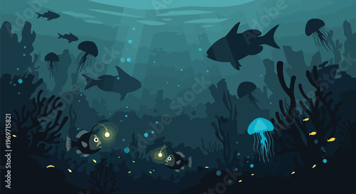 Deep Sea Underwater Landscape with Bioluminescent Fish and Jellyfish Silhouette