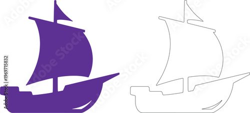 Purple and black outline pirate ship silhouettes sailing