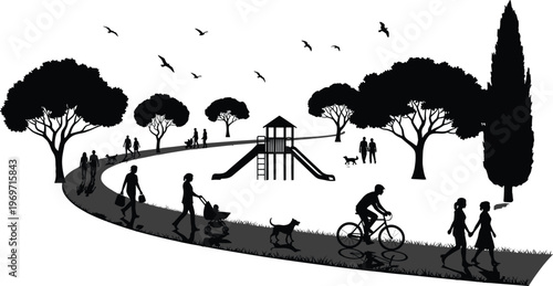 Park landscape silhouettes people walking cycling playground trees birds black white vector illustration outdoor recreation nature scene design artwork