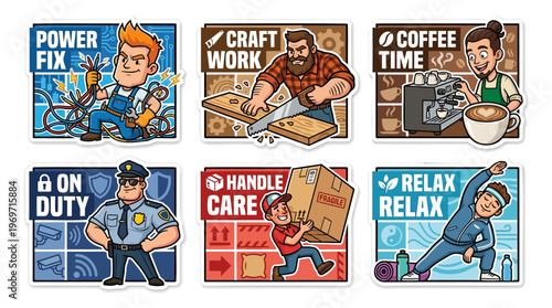 Skilled Workers Sticker Set for Professional Services and Trade Jobs with Electrician Carpenter Barista Security Guard Courier and Yoga Concept for Local Business Industry Labor and Occupation