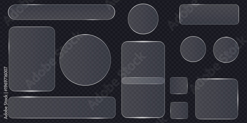 Glassmorphism user interface elements with transparent frosted panels and icons with subtle glares and reflections, modern glass plates for digital dashboards, elegant glossy web components.
