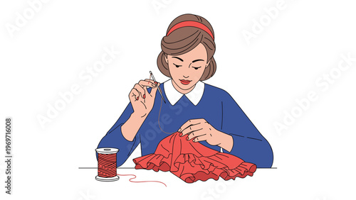 Skilled young woman focuses on hand sewing a red ruffled garment using a needle and thread while seated at her work table.