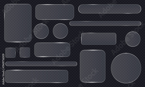 Set of modern glass morphism plates with transparent textures and light glares with glossy edges and reflections for web interfaces, collection of transparent frames with rounded corners, frosted.