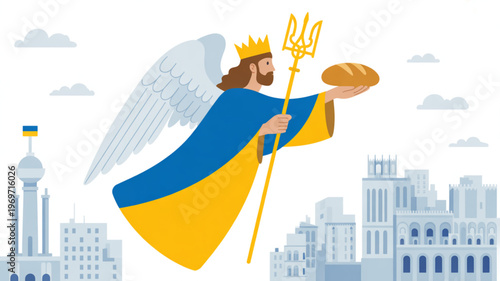 Angel holding bread and trident with ukrainian flag colors flying over cityscape