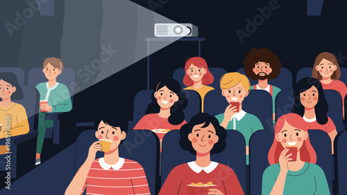 Group of diverse people sitting in a dark movie theater eating popcorn and drinking sodas while watching a film on a big screen.