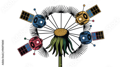 Creative illustration of satellites orbiting a dandelion seed head isolated on transparent background