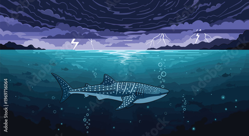Pixel Art Whale Shark Swimming Under Dramatic Stormy Sky