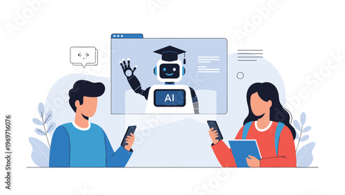 Diverse young students use mobile devices to interact with a friendly artificial intelligence robot displayed on a large digital screen.
