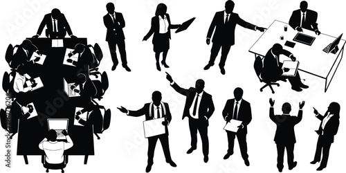 Slhouettes depicting business professionals in various office scenarios. 
