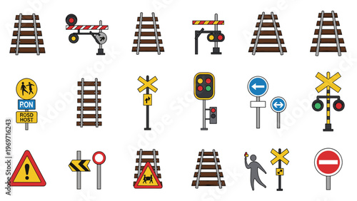 Collection of various railway signs and railroad track symbols provides essential safety information for train transportation and road crossing.