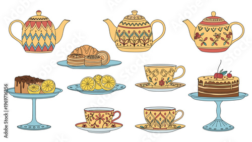 Beautifully decorated ceramic teapots and cups are arranged with delicious cakes, cookies, and lemon slices for a tea party.