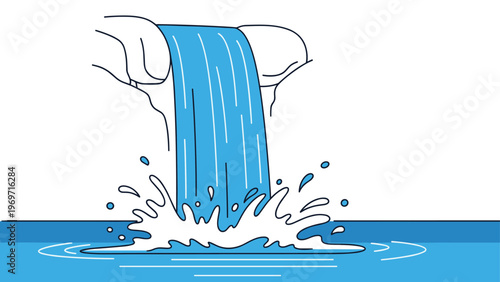 Powerful blue waterfall flows down from a rocky cliff and creates splashes as it hits the water surface below.