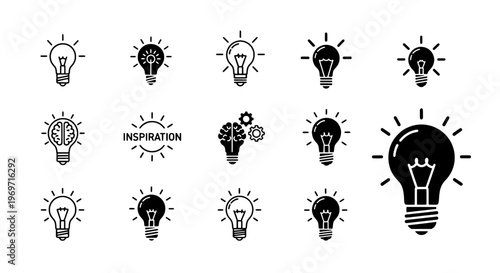 Lightbulbs icon set with brain and gears, representing ideas, creativity, and inspiration. featuring lightbulb, idea, innovation with brainstorm and