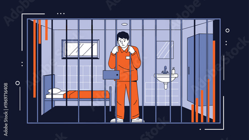 Depressed man in an orange prison jumpsuit stands behind metal bars in a small cell with a bed and sink.