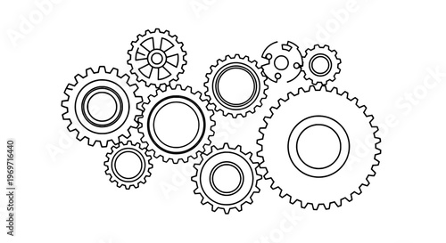 Gears mechanical illustration with interlocking teeth and circles featuring engineering, machinery, industrial, clean composition on simple background