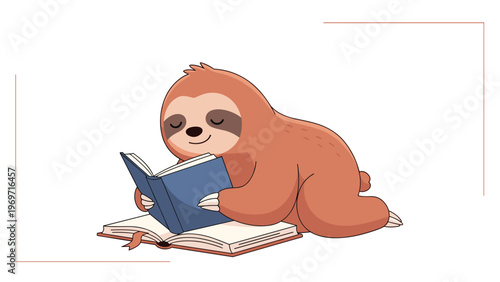 Sweet little sloth is lying down and peacefully reading a blue book while being surrounded by simple line borders.