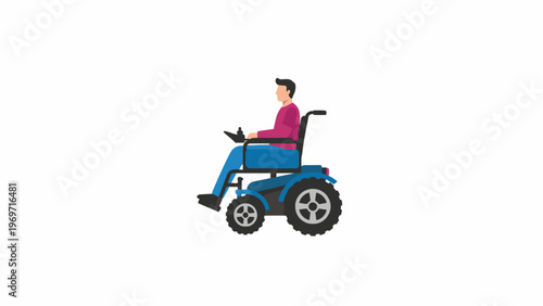 Electric off-road wheelchair with man isolated on white background