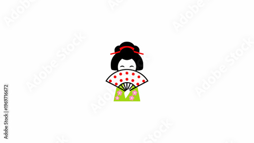 Japanese Geisha Holding Folding Fan Wearing Green Kimono Vector