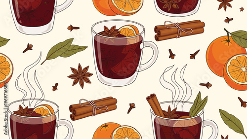 Seamless pattern displays cozy glasses of mulled wine with orange slices, star anise, cinnamon sticks, and cloves on a cream background.