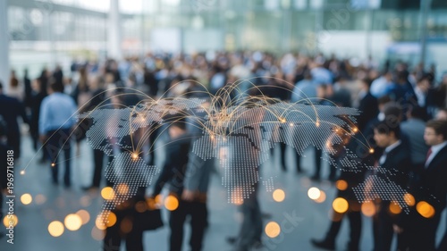 Global business network concept with interconnected world map overlay on a blurred crowd of diverse professional people in a bright modern setting