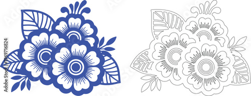 Solid black and blue mehndi style floral silhouettes