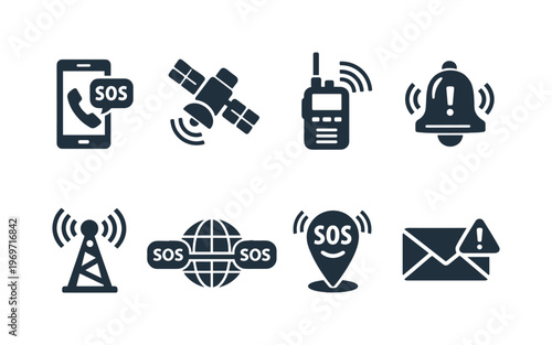Emergency communication icons set showing SOS smartphone, satellite signal, two-way radio, warning bell, broadcast tower, global alert, location pin, and message alert