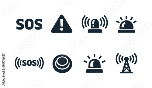 Emergency alert and warning icon set featuring SOS text, exclamation caution sign, siren alarms, radio signal waves, and communication tower symbols