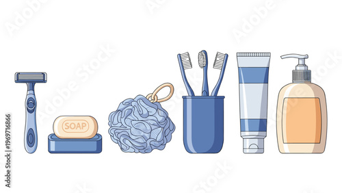 Comprehensive collection of personal hygiene items includes a razor, soap, loofah, toothbrushes, toothpaste, and liquid soap for daily care.