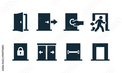 Set of door icons showing opening, closing, unlocking, pushing, pulling, and emergency exit actions in simple silhouette style on white background