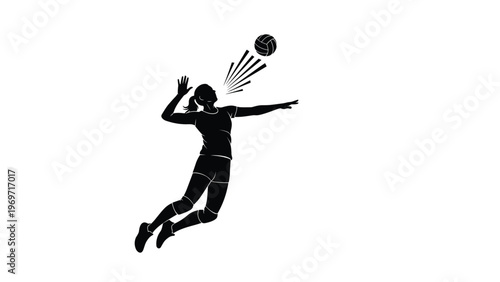 Dynamic black silhouette of a female volleyball player jumps high to spike the ball with power and precision in a match.