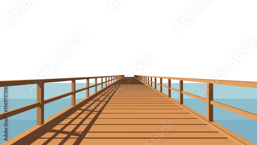 Long wooden pier with sturdy railings extends far into the calm blue sea under a clear white sky in a peaceful landscape.