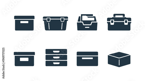 Set of minimalist storage and toolbox icons showing containers, drawers, organizer bins, and a closed box in simple dark silhouette style