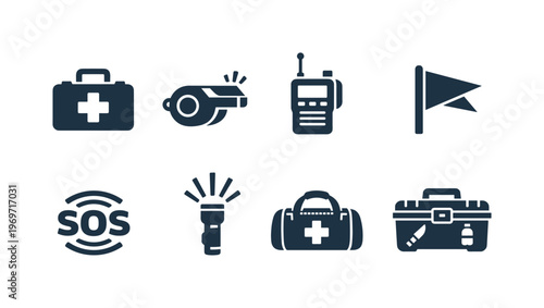 Set of emergency and rescue icons including first aid kit, whistle, two-way radio, signal flag, SOS alert, flashlight, medical bag, and toolbox