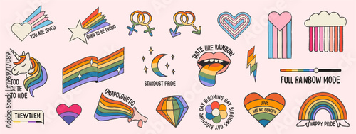 Retro pride sticker set with hand drawn rainbow icons and typography phrases. Hearts, flags, symbols, LGBTQ slogans. Trendy vintage queer elements for social media. Outline vector doodle illustrations