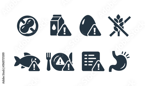 Set of food allergy warning icons showing allergen symbols for peanuts, dairy, eggs, gluten, fish, shellfish, menu labeling, and stomach reaction alerts